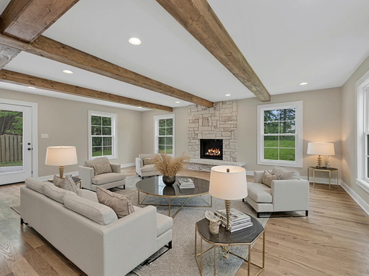 Family room with beams